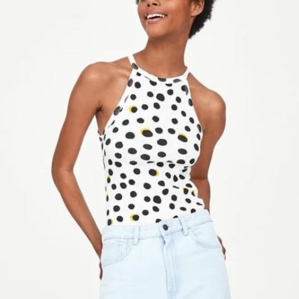 Zara Black and White Polka Dot Ribbed Sleeveless Halter Bodysuit - Size S